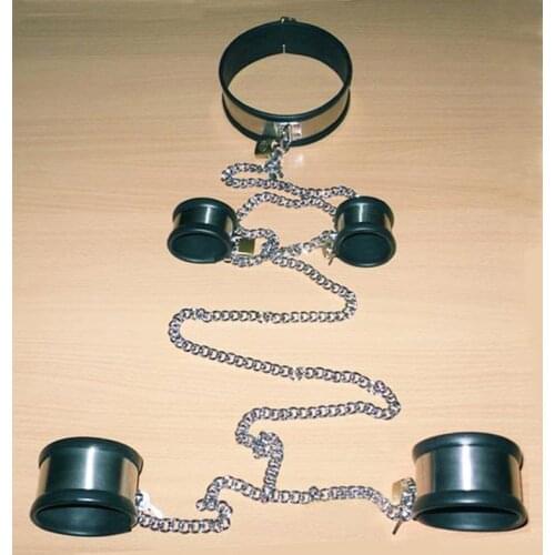 3 Piece Sets Stainless Steel Bondage Chain Neck Collar Wrist Handcuffs Fetters Ankle Cuffs Adults BDSM Sex Toy For Male Female