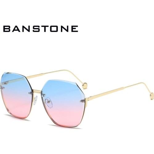 BANSTONE Fashion Rimless Sunglasses Women Retro Classic Designer Sun Glasses Female Metal Polygon Eyewear Blue Pink Shades UV400