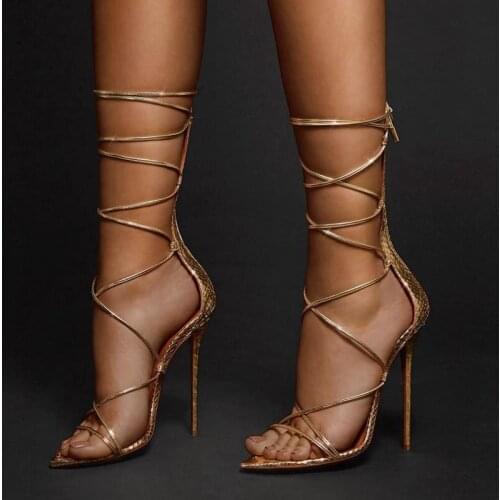 Gold Lace Up Sandals Sexy Pointed Toe Ankle Strap Dress Women Shoes Stiletto High Heel Real Picture Tie Up Sandals