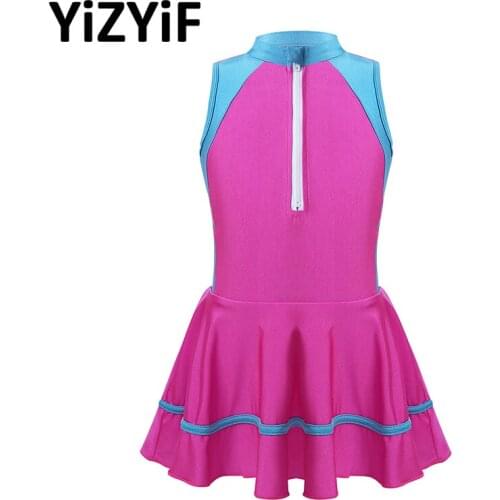 Kids Girls Rash Guard One-piece Swimsuit Swimwear Sleeveless Front Zippered Color Block Swimsuit Children Swimwear Bathing Suit