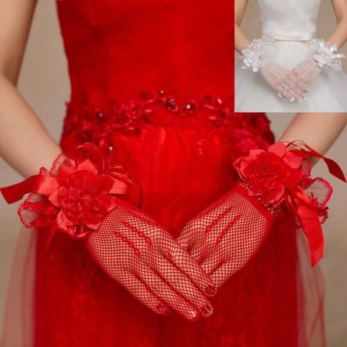 HONGFUYU Red White Hollow Flowers Bridal Lace Gloves Luvas De Noiva Guantes Novia Short Wedding Party Accessories One Size