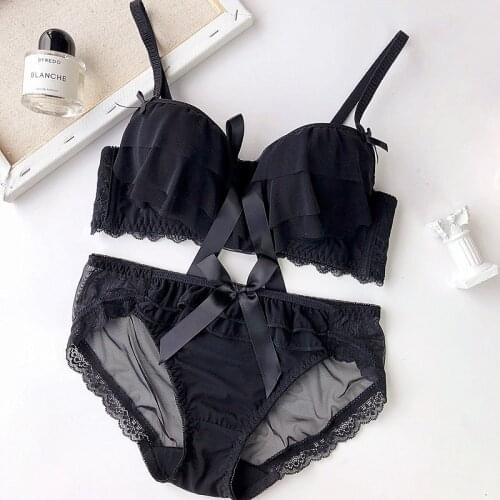 Wriufred Mesh Dream Fairy Gathered Bra and Panties Wire Free Plus Size Lingerie Set Chiffon Teenage Bow Bralette Underwear Sets