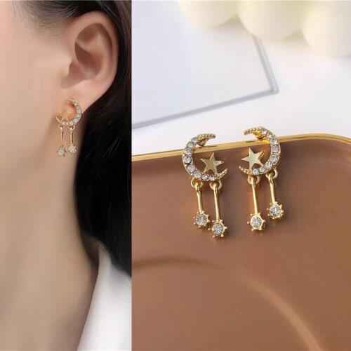 Cute Rhinestone Star Moon Tassel Drop Earrings Pentagram Crescent Pendent Earrings for Women Girls Ear Jewelry Gift 2021 Trend