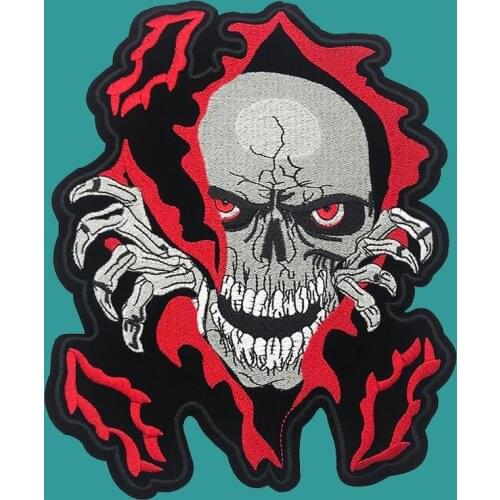 New Punk Large Skull Motorcycle Iron On Embroidered Patches Stripes For Clothes Rock Biker Hippie Patch Applique Back Jacket