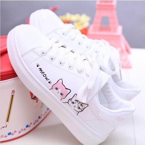 2021 New Arrival Fashion Lace-Up Women Sneakers Flat Casual Printed Summer Girls Pu Cute Cat Canvas Sports Shoes