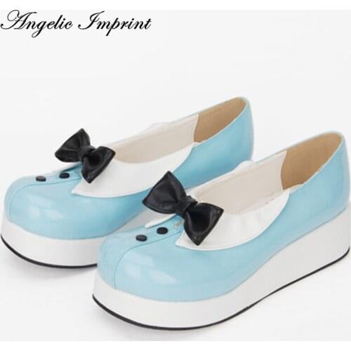 School Girl Sky Blue and White Leather Uniform Shoes Sweet Lolita Wedge Shoes with Bow