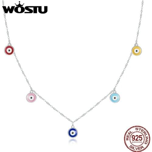 WOSTU 925 Sterling Silver Guardian Eye Necklace Colorful Enamel Long Chain Link Necklace For Women Fashion Jewelry CQN463