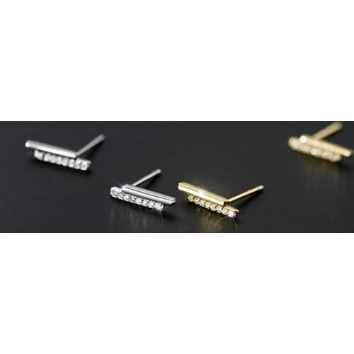 Real 925 Sterling Silver Geometric Zircon Line Stud Earrings For Fashion Women Party Fine Jewelry Punk Minimalist Accessories