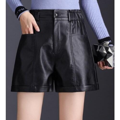 Elastic High Waist Wide Leg Biker Shorts Autumn Spring PU Leather Shorts Women Plus Size Femme Casual Ladies Shorts Black