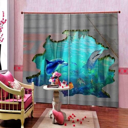 Modern Style 3D Dolphin Blue Underwater World Curtain For Childrens room Bedroom Blackout Window Drapes Sets 2 Panels With Hook