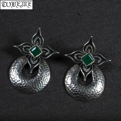 Old Indian 925 Silver Green Agate Flower Earrings Vintage Sterling Bohemia Women Earrings Ethnic Dangle Earrings