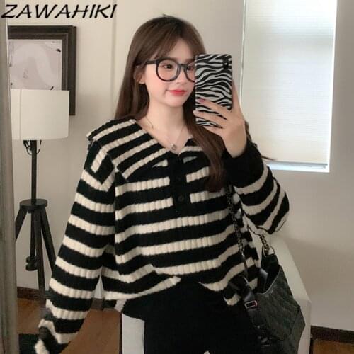ZAWAHIKI Vintage Big Turn-down Collar Striped Sweater Loose Outer Wear Autumn New Long Sleeve Buttons Womens Knit Pullover