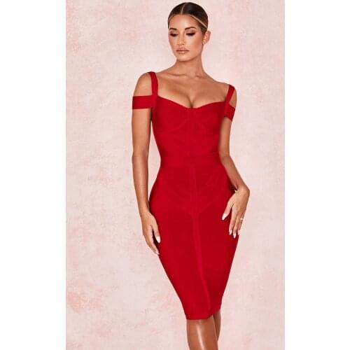 Rayon Bandage Dress Red Black Sexy Spaghetti Straps Backless Knee Length Dress 2020 Celebrity Designer Party Dress
