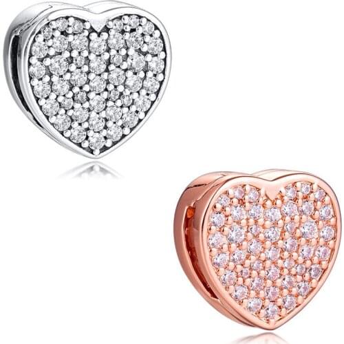 Pave Heart Clip Sterling Silver & Rose Golden Jewelry бижутерия Reflexions Beads Fits Belt Bracelets Women DIY Heart Beads