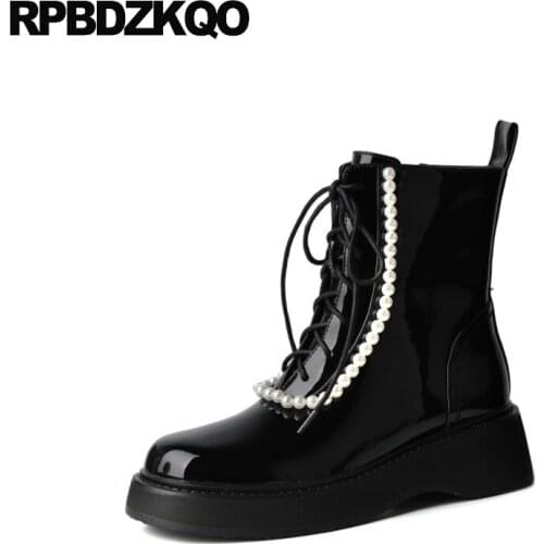 Platform Women Wedge Flatform Patent Leather Military Combat Muffin Front Lace Up Casual Ankle Boots Autumn Pearl Shoes Martin