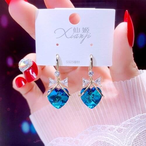 Blue Heart Pendant Womens Earrings Womens Jewelry Fashion Simple Bow Exquisite Blue Earrings 2019 New Trend Drop Earrings