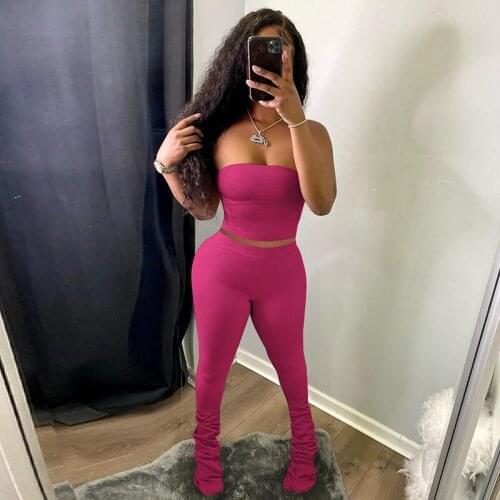 2Pcs Women Summer Outfits Clothes Set Solid Color Boob Tube Tops High Waist Footed Tight Pants Suit for Female Ladies Tracksuit