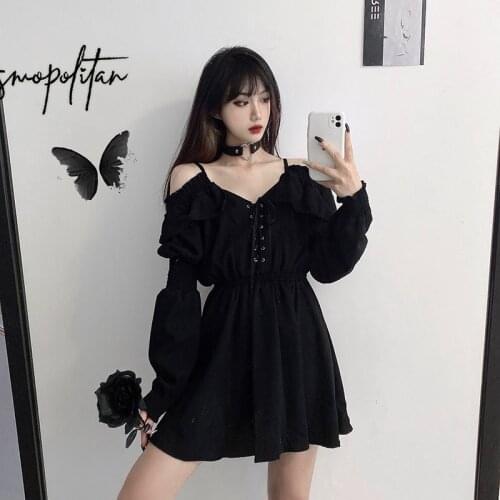 Women Dress Plus Size 4XL Lace Up Black Autumn Sexy High Waist Femme Dresses Off Shoulder Long Sleeve Gothic Mini Dress