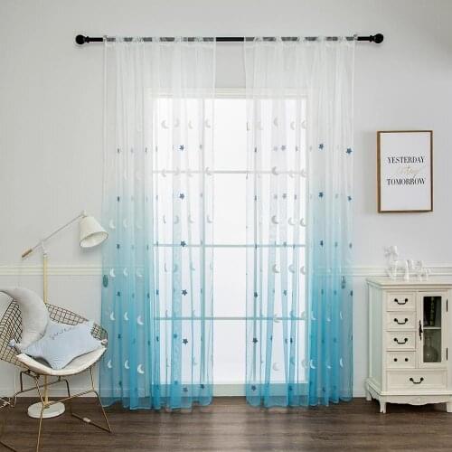 1Pc Gradient Moon Star Print Transparent Tulle Window Curtain Drape Living Room Decor