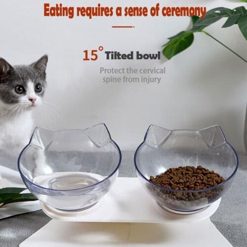 1PCS Non-slip Cat Bowls Double Pet Bowls Transparent AS Material Non-slip Food Bowl Protection Cervical Pet Accessories