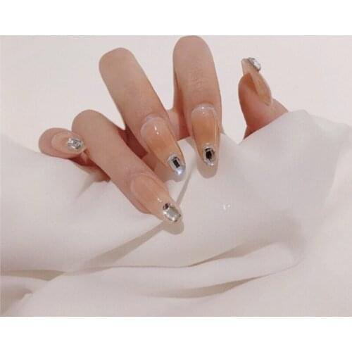 24pcs Beige Nail Patch Diamond Inlaid Round Head Glue Type Removable Long Paragraph Fashion Manicure False Nails Patch DL