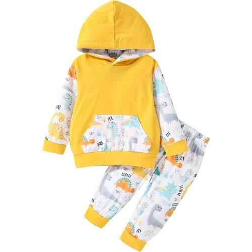 0-24M Baby Girls 3Pcs Fall Outfits Dinosaur Print Cartoon Long Sleeve Hoodie + Long Pants + Bow Headband Children Clothes Set