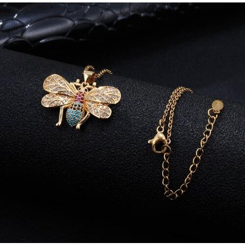 Noble luxury stainless steel chain Copper Inlaid Colored Zircon Bee Pendant Necklace For Women Initial Jewellery