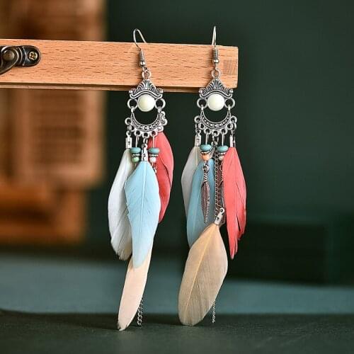 Bohemian Temperament Long Feather Tassel Earrings for Women Fashion Colorful Geometric Charm Drop Earrings Jewelry Birthday Gift