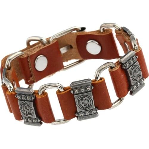 Vintage Retro Casual Alloy Charm Genuine Leather Bracelets Belt Punk Hippie Wristbands Chain Bangle Unisex Fashion Jewelry Gift