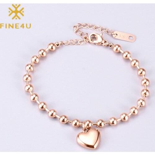 FINE4U B447 Dainty Rose Gold Color Heart Charm Bracelet 5MM Beads Link Chain Bracelet for Women Girls