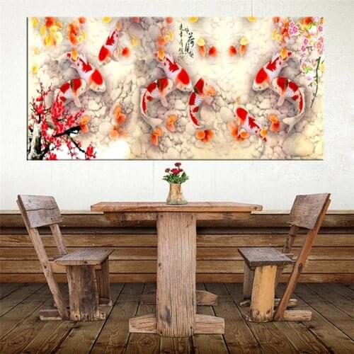 Print Chinese Abstract Nine Koi Fish Lotus Oil Painting on Canvas Poster Feng Shui Wall Art Picture For Living Room Home Decor