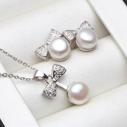 Real Pearl Jewelry Set Natural Freshwater Pearl Necklace Drop Earrings Zircon 925 Sterling Silver Jewelry For Women
