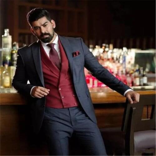 Handsome Groomsmen Two Buttons Groom Tuxedos Mens Wedding Dress Man Jacket Blazer Prom Dinner (Jacket+Pants+Tie+Vest) A235