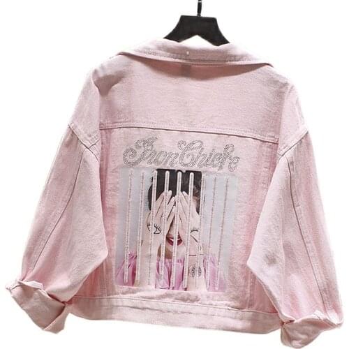 Korean White Pink Yellow Purple Diamond Denim Jacket Women New Fashion 4 Color Outerwear Big size Loose Short Jeans Jackets Coat