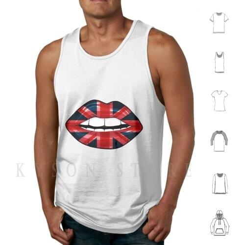 Union Jack Lips Tank Tops Vest Sleeveless British Union Jack England Lips Sexy Kiss Flag Country Teeth Red White Blue Retro
