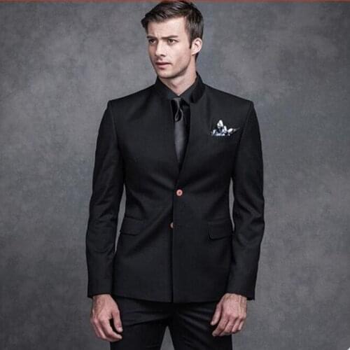 New black mandarin collar groom Mens wedding suits tuxedos single breasted formal work business men suit 2019(jacket+vest+pants)