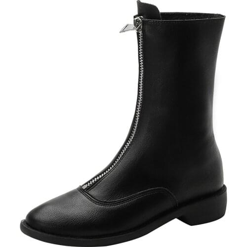 2021 New Autumn/Winter Mid-Boots Rough HeelEd Front Zip White Boots Womens Big Size Womens Boots Boots Long Boots