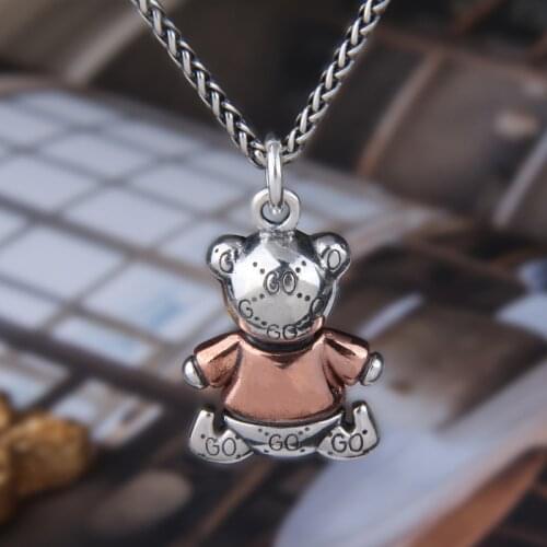 Pure 100% solid 925 silver jewelry biscuit bear pendant stylish personality retro necklace pendant for men and women Jewelry