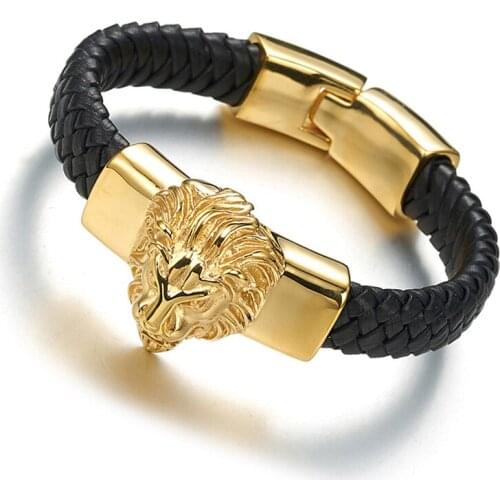 Wholesale new fashion fine jewelry men great black leather stainless steel bracelets vintage lion bangle cool male accessories