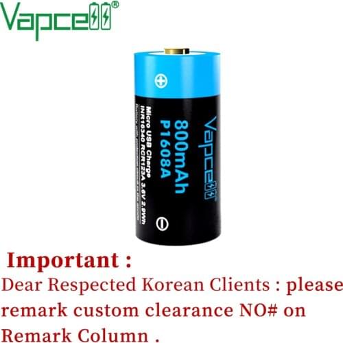 Vapcell Original 16340 800mah P1608A battery 3.7V button top USB Rechargeable li ion Batteries cells for flashlight power tools