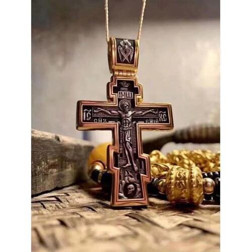 Vintage Mens Christian Jesus Cross Pendant Necklace Retro Gothic Punk Horror Skull Necklace Fashoion Mens Religious Jewelry