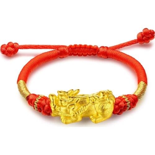 New 999 Real 24K Yellow Gold Bracelet 3D Luck Bless Pixiu Charm with Red Cord Weave Bracelet 0.8-1.2g