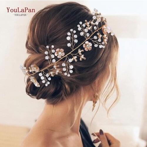 YouLaPan HP356 Gold Flower Bridal Hair Vine Crystal Wedding Headband Bride Headwear Handmade Bridal Hair Accessories Jewelry