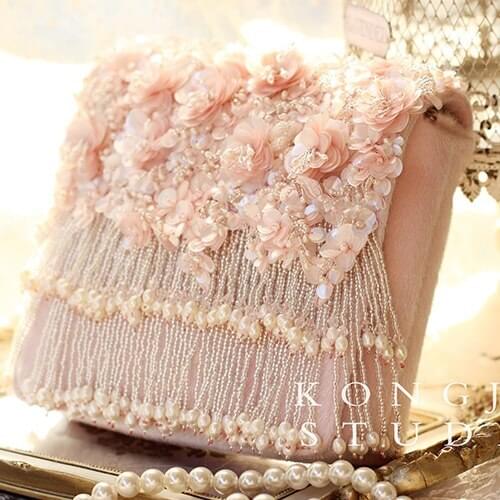 Custom Empty Mirror original high Set Handmade fresh water pearl tassel flower piece pink bag