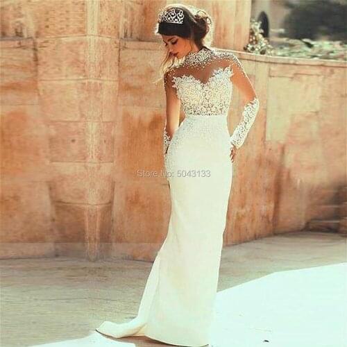 Sexy See Through High Neckline Beaded Mermaid Wedding Dresses 2020 Sheer Long Sleeves Open Back Lace Applique Satin Bridal Gowns