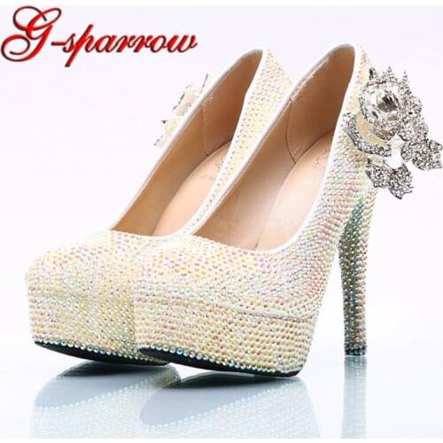 White AB Crystal Wedding Shoes Cinderella Prom Party High Heels Bride Shoes Plus Size 41 42 Platforms Rhinestone Graudate Pumps