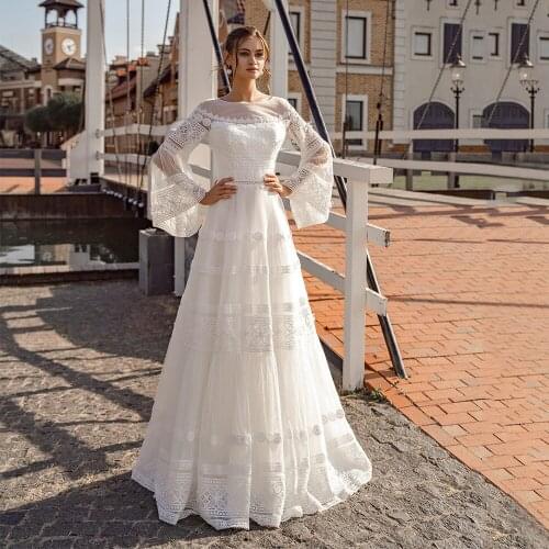 Boho Bohemian Wedding Dress Flare Long Sleeve Cut Out Applique A Line Modest O Neck Bridal Gown Plus Size Robe De Mariee