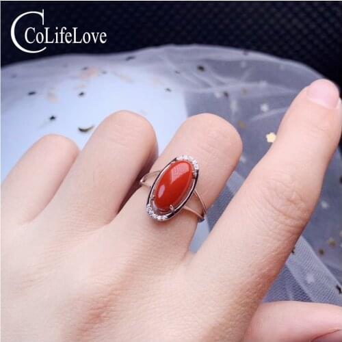 CoLife Jewelry Classic Red Coral Ring for Party 6mm*13mm Natural Coral Silver Ring 925 Silver Coral Jewelry Gift for Woman