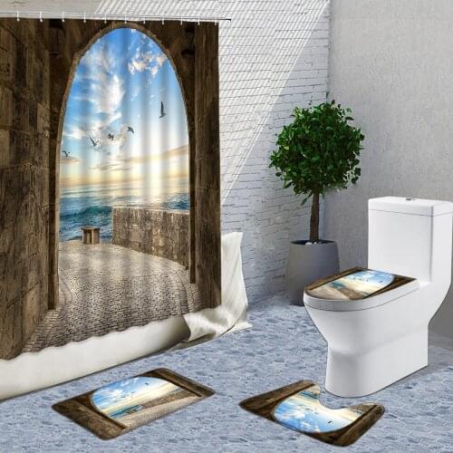 Shower Curtain 3D Stone Cave Arch Ocean Scenery Three-Dimensional Space Home Decoration Background Wall Bath Mat Curtains Set