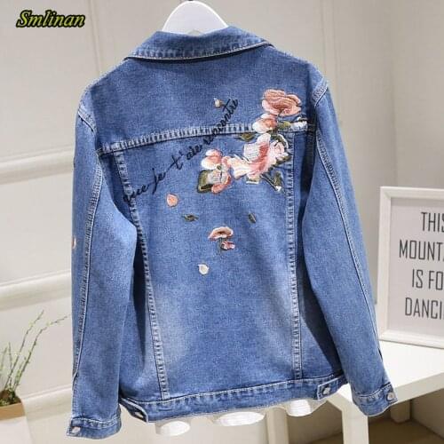 Smlinan Spring Casual Plus Size 3xl Denim Jacket Women Clothes Slim Coat Vintage Embroidery Floral Ladies Jeans Outerwear Autumn